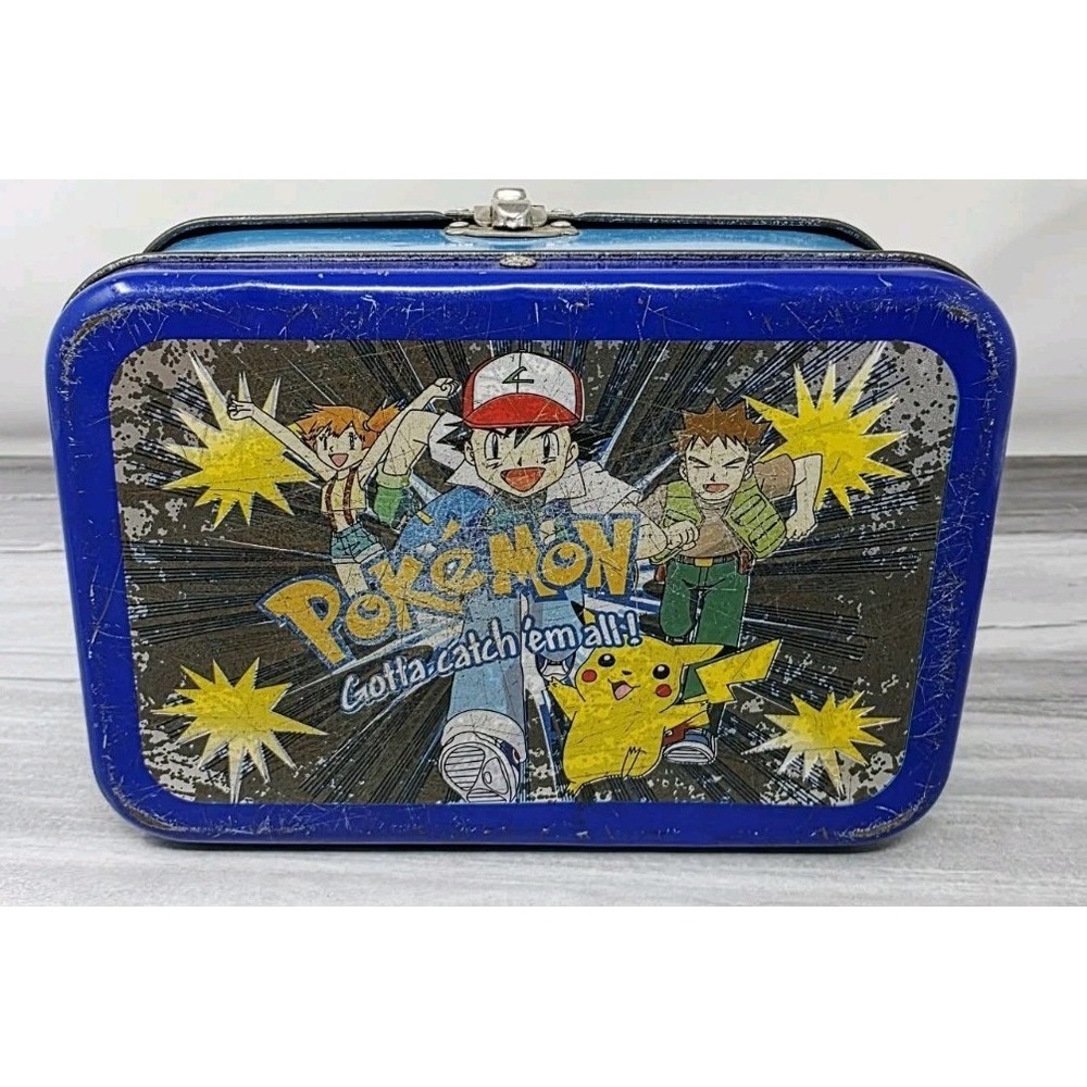 Vintage Nintendo Pokemon Storage Box Tin Mini Lunchbox Blue Empty Patina‎